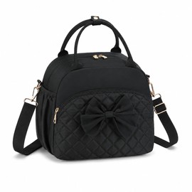 LEDAOU Lunch Box for Women, Insulated Lunch Bag Women with Adjustable Shoulder Strap, Cute Black Lunch Tote Bag for Work, Womens Lunch Bag with Bowknot, Front Zipper Pocket & Side Pockets
