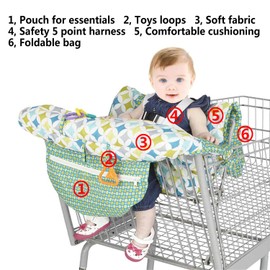 Portable 2-in-1 Shopping Cart & High Chair Covers for Babies, Kids, Infants, Toddlers | Universal Size with Free Carry Bag (Green Stars)