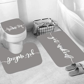 Grey Get Naked Shower Curtains with Bath Mats,4 Piece Machine Washable Mildew Proof Toilet Lid Cover,Non-slip Bathroom Mat, Absorbent Pedestal Rugs and Waterproof Bathtub Curtain with Hooks (Grey)