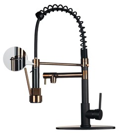 NGNP Kitchen faucet with pull-down spray, single handle double outlet commercial kitchen sink faucet, solid copper body, compatible with deck 1 or 3 holes sprayer black steel high arc Out - Colour: Rose gold black