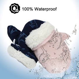 UTTPLL Lined Fleece Toddler Mittens Waterproof Infant Baby Toddler Kids Winter Mittnes Warm Ski Snow Gloves For Boys Girls Dinosaur Pink 6-24 Months