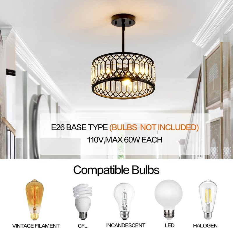 Zlepmlla Crystal Black Ceiling Light, Modern Light Fixture Ceiling, Chandelier