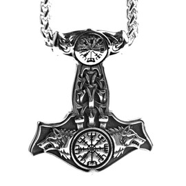 LANGHONG Norse Viking Necklace Vegvisir Mjolnir Thor Hammer Necklace For Men Double Wolf Necklace Talisman Jewelry, Gift For Men, 41X49, Stainless Steel, No Gemstone