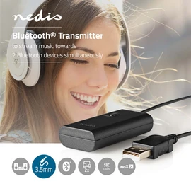 Nedis - Drahtloser Audiosender - Bluetooth® - AptX-Chipsatz - Bis zu 2 Kopfhörer - AptX-Chipsatz - Überlegene Klangqualität - 1x 3.5 mm - Schwarz