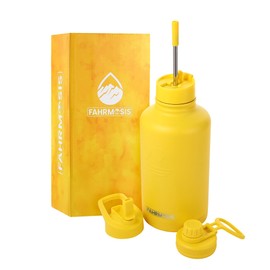 FAHRMOSIS 64 Oz Water Bottle with Straw Stainless Steel Sports Water Bottle with 3 Lids (Straw, Chug and Flip Lid) Leak Proof Metal Half Gallon Jug for Men & Women - Yellow