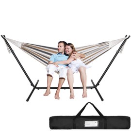 Double Hammock with Steel Stand and Portable Carrying Bag Heavy Duty 2-Person Freestanding Hammock, 620 Lbs Capacity, Khaki