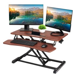 TechOrbits Standing Desk Converter - 32 Inch MDF Wood Adjustable Sit to Stand Up Desk Riser - Portable Home Office Table Top Raiser - Wood Brown