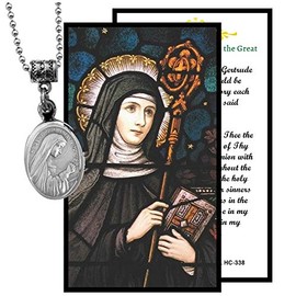 Gifts by Lulee, LLC Saint Gertrude The Great Silver Oxidized Medal Stainless Steel Chain and Blessed Prayer Card Together as a Set or Separate You Choose (Chain Set)