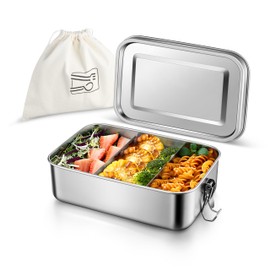Homikit Stainless Steel Lunch Box with 2 Compartments, 1400 ml Bento Box with Bag for Children and Adults, Leak-Proof Lunch Box for School, Office and Travel, Dishwasher Safe