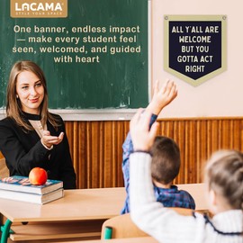 Lacama Retro Classroom Decor, All Y'all Are Welcome But You Gotta Act Right Banner, Retro Wall Hanging Banner Pennant Flag for Bedroom Kids Room Playroom College Dorm Decor, 12.4x14 in