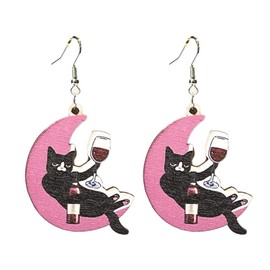 Lightweight Wooden Wine Glasses Earrings Funny Cat Moon Gnome Red Wine Dangle Earrings for Women Celebration Party Jewelry-moon cat