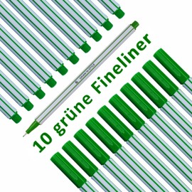 10 x Fineliner Green - Fine 0.4 mm Tip - Metal-Clad Fibre Tip - Felt Pens for Precise Writing, Drawing and Painting - for Office, School, University and Home