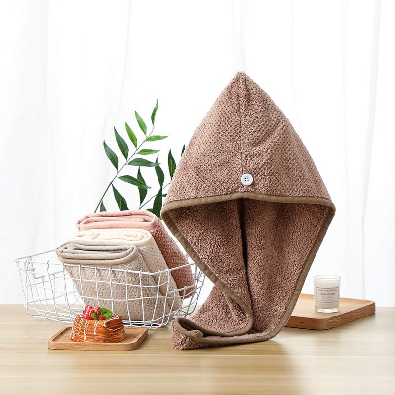 Fyore Coffee Brown Hair Towel with Button, Dries Hair Quickly,