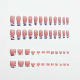 48pcs French Tip Fake Toenails Long Coffin Press On Nails Square False Nails Toenails With Design Summer Acrylic Nails Full Cover Glue On Nails Artificial Glossy Reusable Stick On Nails For Women
