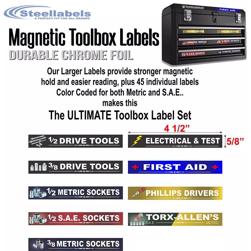 SteelLabels.com Ultimate Blue Magnetic TOOLBOX LABELS fits all tool chest