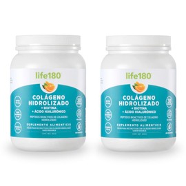 Life180, Colágeno Hidrolizado en Polvo, Sabor Naranja, Paquete de 2 piezas de 450gr c/u, 60 Porciones, 5gr de Colágeno por Porción, 900 gramo, 2