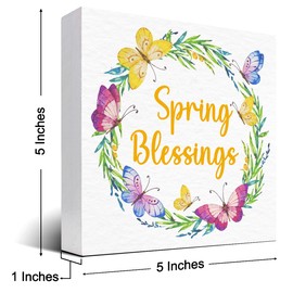 z-crange Spring Desk Decor,Spring Blessings Wood Box Sign,Funny Spring Plaque Desk Decor,Rustic Spring Butterfly Wreath Wooden Plaque Sign for Farmhouse Home Garden Shelf Office Tabletop Decorations