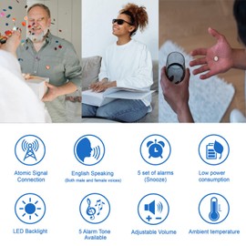 Hearkent Atomic Talking Clock 5 Sets of Separate Alarms English Speaking Pleasant Male Or Female Voice Switchable (All Black)