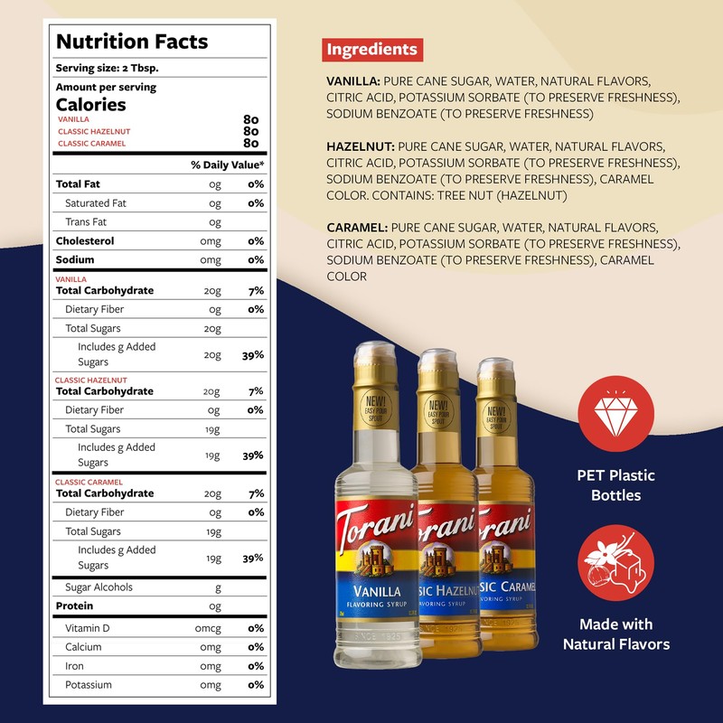 Torani Coffee Syrup, Vanilla, Caramel, and Classic Hazelnut Variety 3-Pack,