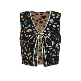 SweatyRocks Women's Floral Print V Neck Vest Tie Front Sleeveless Boho Vests Tops Black Small