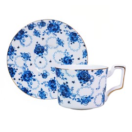 LanHong 8.5 Ounces Tea Cup and Saucer Set Floral Tea Coffee Cup with Saucer Bone China Teacup and Saucer Set Gift for Mom Friend Tea Party (Cyan)