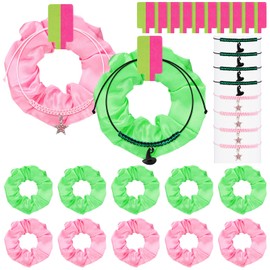 Luinabio 10 Set Pink and Green Witch Party Gift Hair Scrunchies and Braided Friendship Bracelet Bulk Rhinestone Witch Hat Star Matching Bracelet Hair Accessories for Women Themed Birthday Party Favors