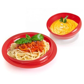 Pekokavo Spill Proof Scoop Bowl and Plate with Non-Skid Suction Base, Adaptive Self-Feeding Dinnerware for Elderly/Disabled (Red Combo Set)
