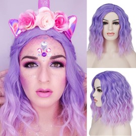 Yargel Hair Purple Pink Curly Bob Wig Side Part Short Wavy Wigs for Women Heat Resistant Synthetic Bob Wigs