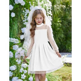 Arshiner White Dress for Girls Fall Long Sleeve Flower First Communion Wedding Dresses Size 10-12