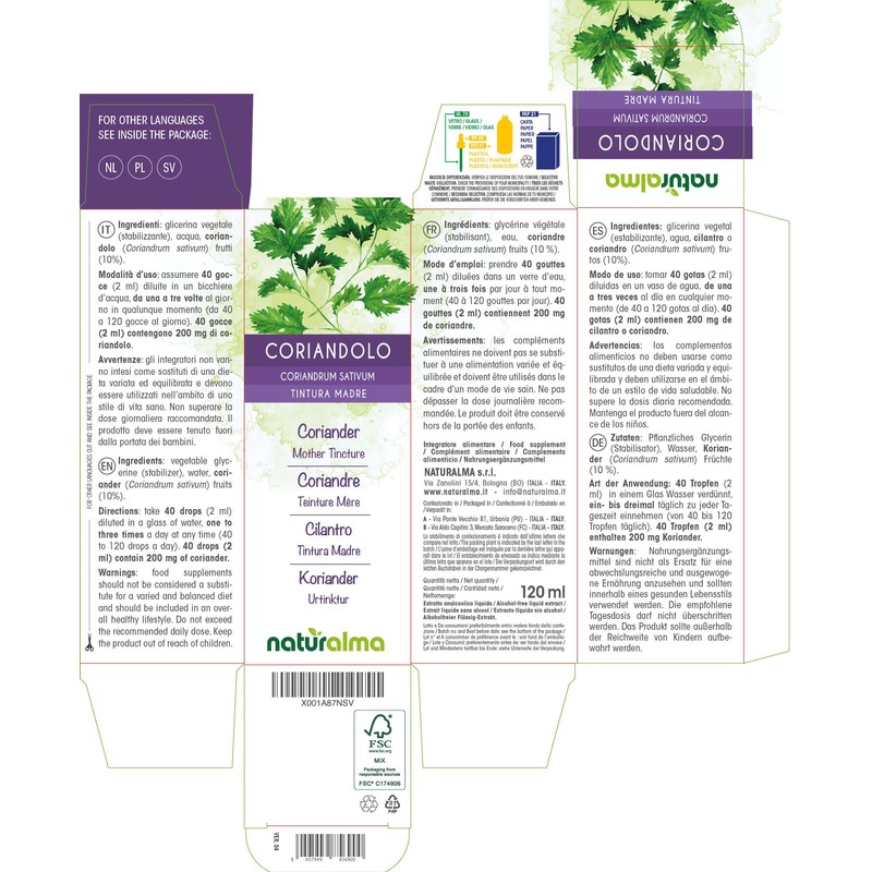 Coriander (Coriandrum sativum) Fruits Alcohol-Free Mother Tincture Naturalma Liquid Extract