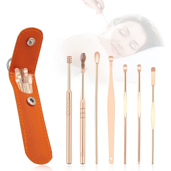 Ear Cleansing Tool Set, Stainless Steel Spade Ear Cleaning, 7-in-1 360°Spiral Design Earwax Removal Tools, Portable Ear Cleaning Kit for Home and Travel with PU Leather Case