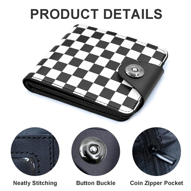 Tezmd Black and White Checkered Small Wallet Leather Slim Bifold