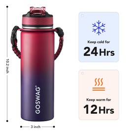 GOSWAG Insulated Sports Water Bottle, 24oz 2 Lids(with Straw/No Straw), Stainless Steel Water Bottles with Paracord Handle, Insulated Bottle with Double-Wall Vacuum Insulation