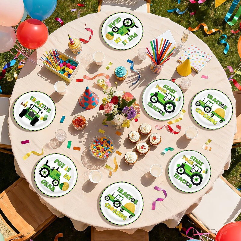 60Pcs Tractor Paper Plates 9" Green Cartoon Tractor Heavy Duty