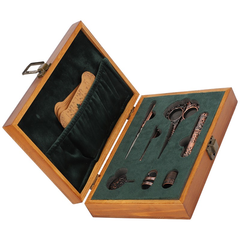 Vintage Embroidery Scissors Set Wooden Stainless Steel Sewing Box Scissors