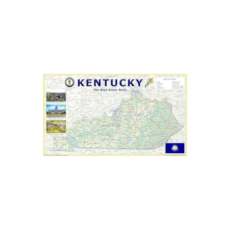 Kentucky State Physical Map - 23.3 x 13.3 Inches -