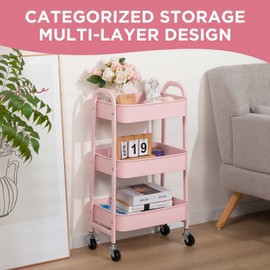 AGTEK Makeup Cart, Movable Rolling Organizer Cart, 3 Tier Metal Utility Cart Pink