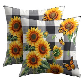 Sunflower Pillow Covers 18X18 Inch Set of 2 Black White Buffalo Plaid Flower Decorative Pillow Cases Spring Summer Floral Cushion Case Farmhouse Modern Home Decor for Sofa Couch Bedroom