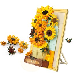 Brihappen Flower Model Building Kits for Adult Women Girls (1166 Pieces), Sunflower Van Gogh Frame Wall Art Crafts with Sensor Light for Home Office Decor, Gifts for Building Blocks Lover