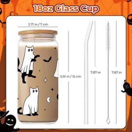 Vasos de vidrio fantasma de Halloween, taza de vidrio de 18 onzas con tapa y pajita, regalos espeluznantes para amantes de Halloween