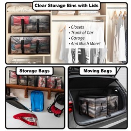 ClearSpace Heavy Duty Moving Bags or Storage Bags – Clear Storage Bins with Lids, Large Moving Boxes with Backpack Straps & Zippers – Packing Bags & Moving Supplies for College Dorm- 4 Pack