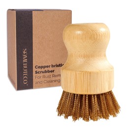 SAMBUTECO Cast Iron Cleaner Scrubber with Copper Bristle Natural Bamboo Handle Heavy Duty Pot Brush for Cast Iron Pans, Cast Iron Skillets Dutch Ovens Pots BBQ Grill Rust Removal and Cleaning