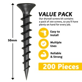 Wavanta 3.9 x 50mm Drywall Screws Coarse Thread Black Phosphate Bugle Head Phillips Drive with Bit, Black Wood Screws for Drywall Sheetrock, Wood and Furniture, Pack of 200