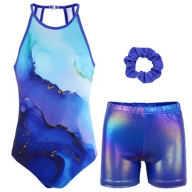 JOYSTREAM Gymnastics Leotards for Girls With Shorts Sparkly Ballet Dance Clasp Back Activewear Turquoise Marble, 10-11Years