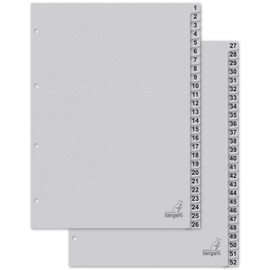 Kangaro Card Index A4 Numbers 1-52. 180gsm Recycled Grey FSC Card - 52 Pieces