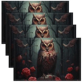 Erosebridal - Manteles individuales de búhos de 12 x 18 pulgadas, color negro y rojo, a prueba de aceite, tapete de mesa de rosas 3D de vida silvestre para mesa de comedor, cocina, manteles