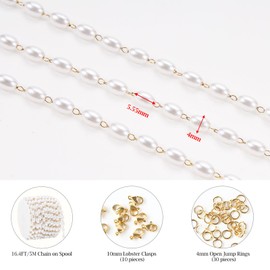 KYUNHOO Dainty Rosary Beaded Chains for Jewelry Making 5 Meters Faux Pearl Decoration Stainless Steel Gold Chain Links with Jewelry Connectors for DIY