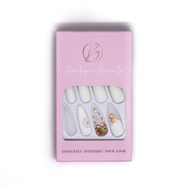 Boutique Beauty Premium Press On Nails ~ Unique, Durable, Trendy Designs with Adhesive Tabs ~ Long Coffin Shape (White Widow)