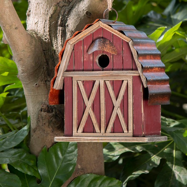 Glitzhome 10.25" H Hanging Birdhouse Rustic Wooden Barn Garden Bird House for Outdoor