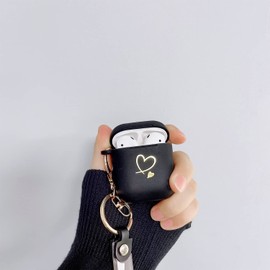 Fycyko Kompatibel mit AirPods Hülle, Airpods 2 hülle und Airpods 1 Case Golden Herz Muster Cover mit Schlüsselanhänger Stoßfeste AirPods Schutzhülle für Mädchen Frau Hülle für Airpods 2 & 1-Schwarz